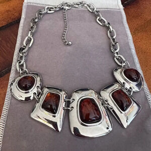 Kiam Family Signature Collection Amber Stone Silver Bib Collar Necklace 20"